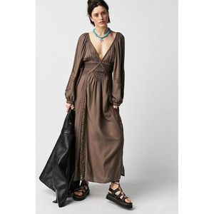 NWT Free People Brown Southwest Lace Maxi Dress, Long Sleeve V-Neck